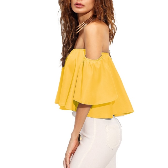 Ruffle Off Shoulder Bell Sleeve Crop Top Blouse - Picture 4 of 5